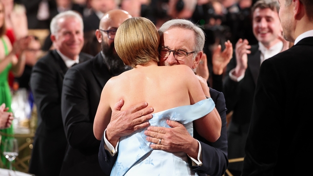 Jessie Buckley and Steven Spielberg at the 83rd Annual Golden Globes held at The Beverly Hilton on January 11, 2026 in Beverly Hills, California. (Photo by Christopher Polk/2026GG/Penske Media via Getty Images)