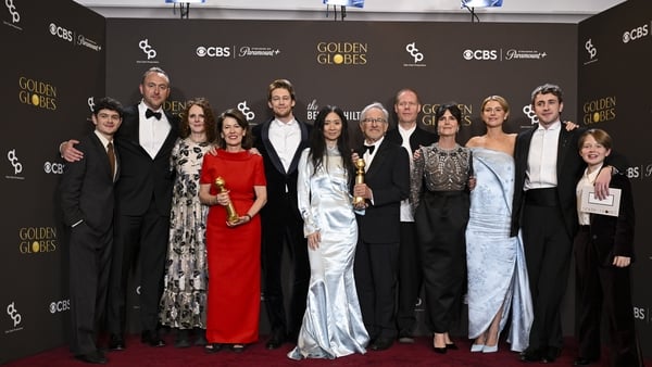Noah Jupe, Nic Gonda, Maggie O'Farrell, Pippa Harris, Joe Alwyn, Chloé Zhao, Steven Spielberg, Max Richter, Liza Marshall, Jessie Buckley, Paul Mescal and Jacobi Jupe wins the Golden Globe for Best Motion Picture - Drama for "Hamnet" at the 83rd Annual Go