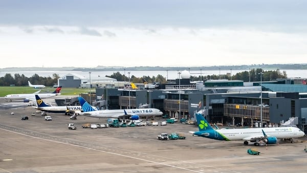 Shannon Airport with Aer Lingus, Ryanair and United planes parked at the terminal