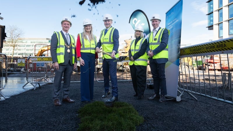 Taoiseach Micheál Martin (C) at the sod-turning ceremony for the Railyard apartment scheme in Cork