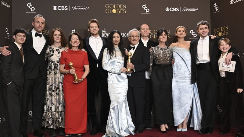 Noah Jupe, Nicolas Gonda, Maggie O'Farrell, Pippa Harris, Joe Alwyn, Chloé Zhao, Steven Spielberg, Max Richter, Liza Marshall, Jessie Buckley, Paul Mescal and Jacobi Jupe win Best Motion Picture - Drama Award for Hamnet Photo credit: Phil McCarten/CBS