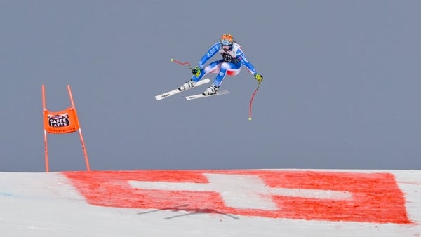 Matthieu Bailet of Team France competes during the Audi FIS Alpine Ski World Cup Men's Downhill on February 22, 2025 in Crans Montana, Switzerland.