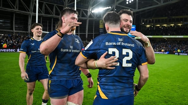 Harry Byrne, 22, of Leinster celebrates with team-mates Robbie Henshaw and Joe McCarthy, left, after the Investec Champions Cup match between Leinster and La Rochelle at the Aviva Stadium in Dublin.