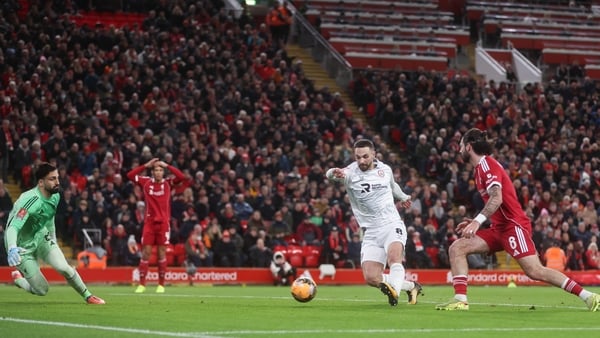Adam Phillips of Barnsley scores the sides first goal to make it 2-1 to Liverpool during the Emirates FA Cup Third Round match between Liverpool and Barnsley on January 12, 2026 in Liverpool, England.