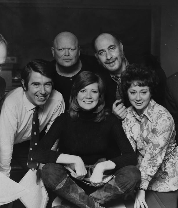 Portrait of the cast of the pantomime 'Aladdin'; (L-R) Leslie Crowther, Milton Reid, Cilla Black, Alfred Marks and Sheila Bernette, at the London Palladium, December 3rd 1970. (Photo by Central Press/Hulton Archive/Getty Images)