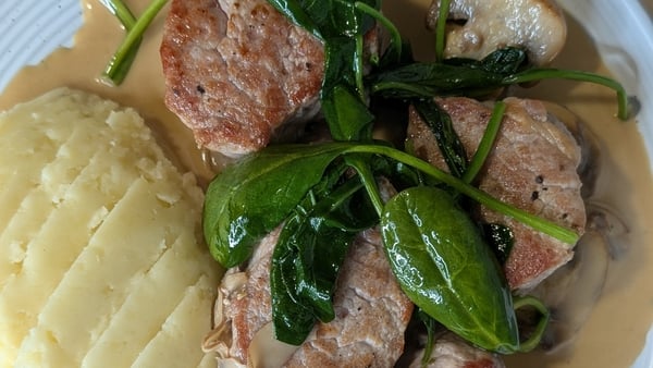 pork and mash with spinach
