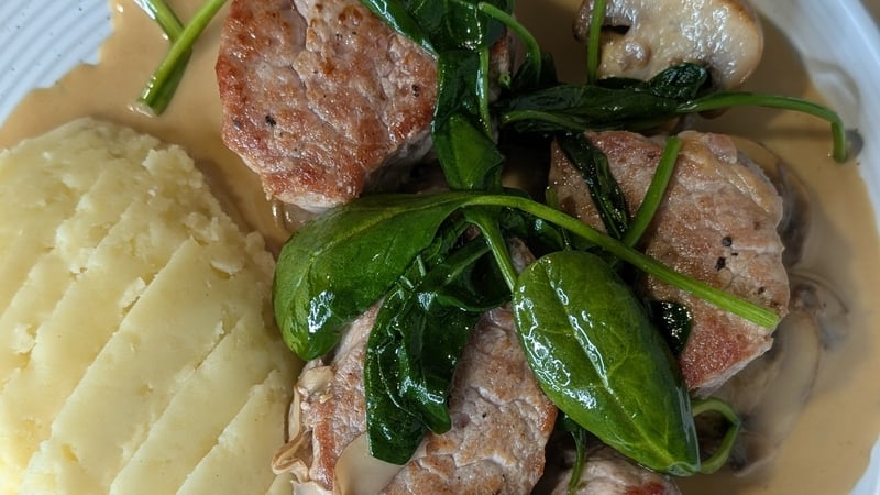 pork and mash with spinach