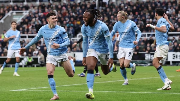 Antoine Semenyo of Manchester City celebrates after scoring their side's first goal during the Carabao Cup Semi Final First Leg match between Newcastle United and Manchester City at St James' Park on January 13, 2026 in Newcastle upon Tyne, England.