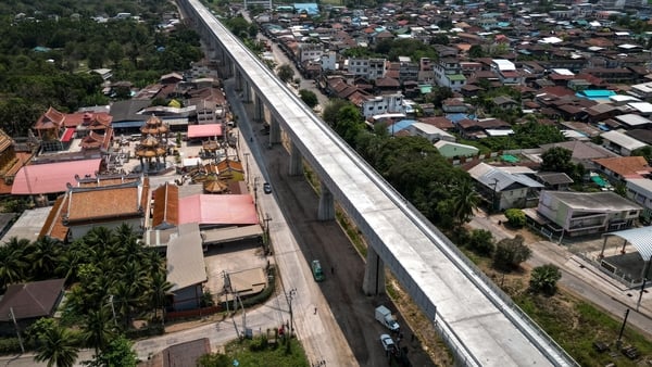 This aerial photo shows an elevated track, still under construction in Nakhon Ratchasima province.