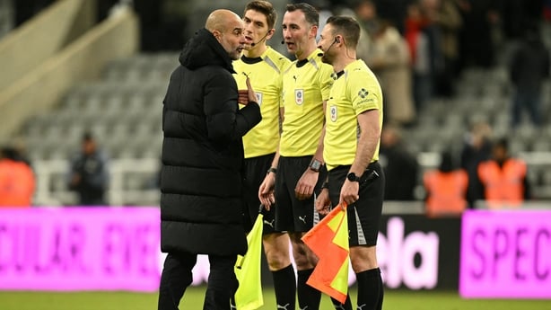Manchester City manager Pep Guardiola speaking to the officials after Carabao Cup semi-final first leg against Newcastle - January 2026