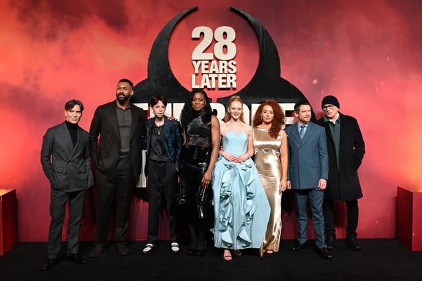 LONDON, ENGLAND - JANUARY 13: (L-R) Cillian Murphy, Chi Lewis-Parry, Alfie Williams, Nia DaCosta, Emma Laird, Erin Kellyman, Jack O'Connell and Danny Boyle attend the World Premiere of "The Bone Temple" at BFI IMAX on January 13, 2026 in London, England. The film will be released only in cinemas on 