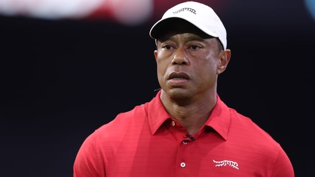PALM BEACH GARDENS, FLORIDA - JANUARY 13: Tiger Woods of the Jupiter Links Golf Club looks on prior to the match against the New York Golf Club at SoFi Center on January 13, 2026 in Palm Beach Gardens, Florida. (Photo by Megan Briggs/TGL/TGL Golf via Getty Images)