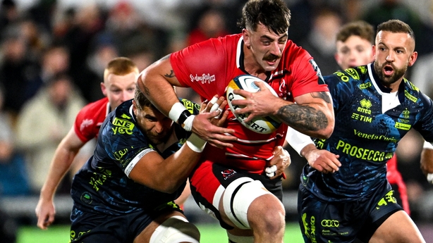 28 November 2025; Matthew Dalton of Ulster is tackled by Eli Snyman of Benetton during the United Rugby Championship match between Ulster and Benetton at Affidea Stadium in Belfast. Photo by Ramsey Cardy/Sportsfile