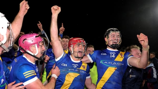 1 November 2025; Loughrea players celebrate after their side's victory in the Galway County Senior Club Hurling Championship final match between St Thomas' and Loughrea at Pearse Stadium in Galway. Photo by Michael P Ryan/Sportsfile