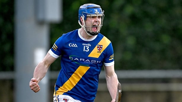 21 December 2025; Anthony Burns of Loughrea celebrates after scoring his side's first goal during the AIB GAA Hurling All-Ireland Senior Club Championship semi-final match between Loughrea of Galway and Slaughtneil of Derry at Parnell Park in Dublin. Photo by Seb Daly/Sportsfile