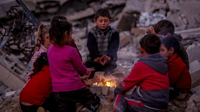 Displaced Palestinians living in makeshift tents among the rubble in the Jabaliya area, as families struggle to survive amid heavy winter conditions and freezing temperatures in Gaza city