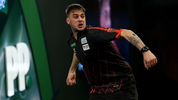 LONDON, ENGLAND - DECEMBER 14: Dom Taylor of England celebrates winning his match on Day Four of the 2025/26 Paddy Power World Darts Championship at Alexandra Palace on December 14, 2025 in London, England. (Photo by Andrew Redington/Getty Images)