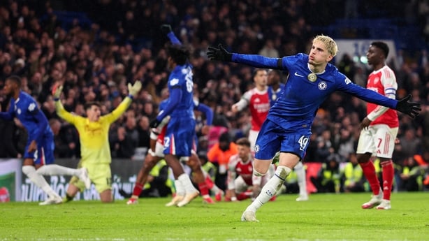 Alejandro Garnacho of Chelsea celebrates scoring their second goal during the Carabao Cup Semi Final First Leg match between Chelsea and Arsenal at Stamford Bridge on January 14, 2026 in London, England. (Photo by Marc Atkins/Getty Images)