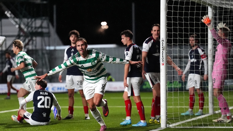 Celtic's Benjamin Nygren celebrates scoring their side's first goal of the game during the William Hill Premiership match at Falkirk Stadium, Falkirk