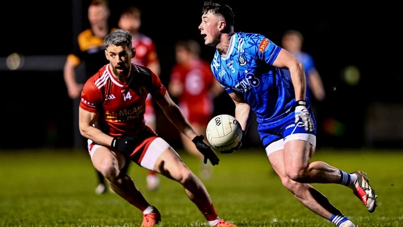 14 January 2026; Darragh Treanor of Monaghan in action against Mattie Donnellu of Tyrone during the Bank of Ireland Dr McKenna Cup semi-final match between Monaghan and Tyrone at Grattan Park in Inniskeen, Monaghan. Photo by Piaras Ó Mídheach/Sportsfile