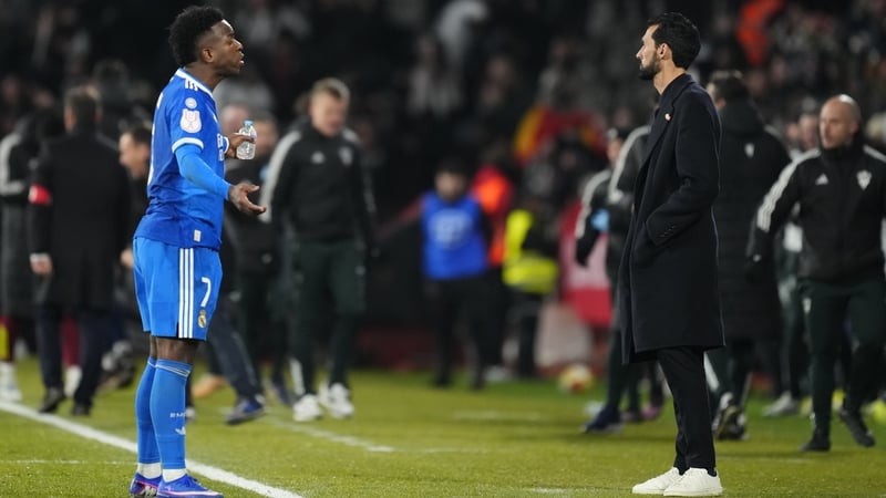 Vinicius Junior left winger of Real Madrid and Brazil protest to Alvaro Arbeloa head coach of Real Madrid after Albacete´s second goal during the Copa del Rey round of 16 match between Albacete Balompie and Real Madrid at Estadio Carlos Belmonte on Januar