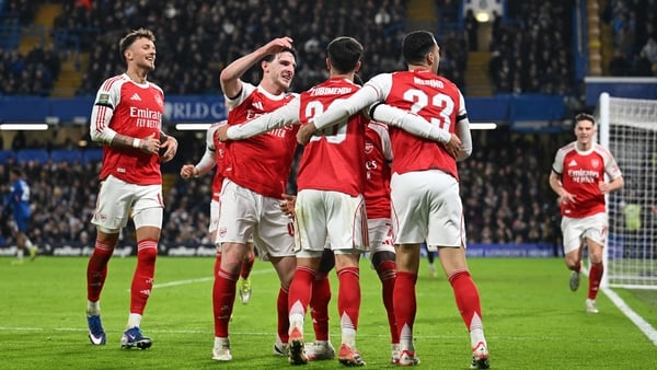 LONDON, ENGLAND - JANUARY 14: Martin Zubimendi of Arsenal celebrates scoring his team's third goal with teammates during the Carabao Cup Semi Final First Leg match between Chelsea and Arsenal at Stamford Bridge on January 14, 2026 in London, England. (Pho