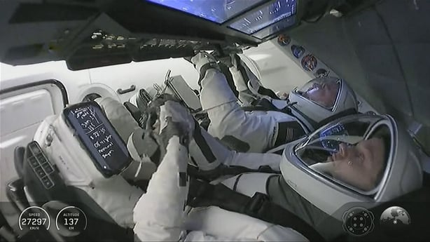 Astronauts in position during reentry on a SpaceX capsule
