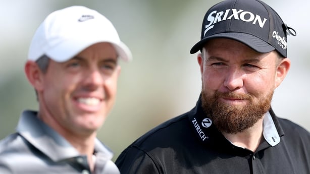 DUBAI, UNITED ARAB EMIRATES - JANUARY 15: Shane Lowry of Ireland looks towards Rory McIlroy of Northern Ireland on day one of the Dubai Invitational 2026 at Dubai Creek Resort on January 15, 2026 in Dubai, United Arab Emirates. (Photo by Andrew Redington/Getty Images)