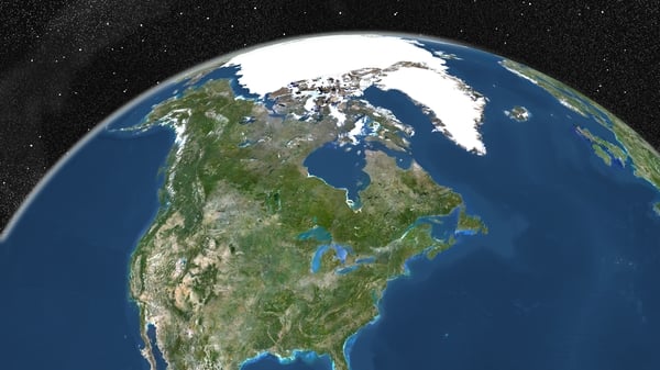 True colour satellite image of the Earth showing Greenland, the North Pole and Northern America. This image in orthographic projection was compiled from data acquired by LANDSAT 5 & 7 satellites., Globe Showing Northern America, True Colour Satellite Imag