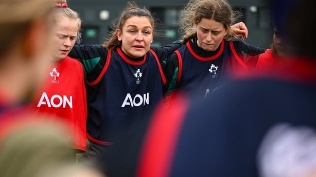 14 January 2026; Erin King, centre, and team-mates during an Ireland Women's Rugby squad training at the IRFU High Performance Centre in Dublin. Photo by Shauna Clinton/Sportsfile