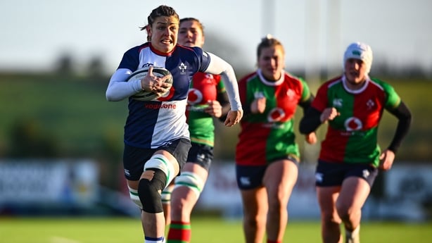 3 January 2026; Erin King of Wolfhounds makes a break during the Celtic Challenge Round 2 match between Clovers and Wolfhounds at Creggs RFC in Galway. Photo by Shauna Clinton/Sportsfile 