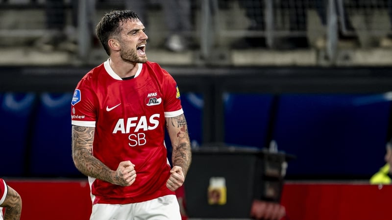 Troy Parrott celebrates scoring his second for AZ Alkmaar against Ajax