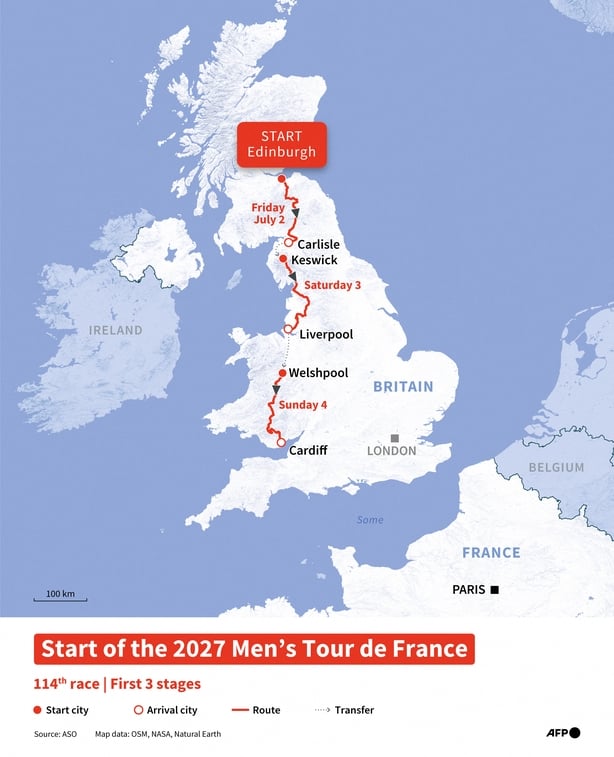 Infographic with a map showing the first three stages of the Men's Tour de France 2027,