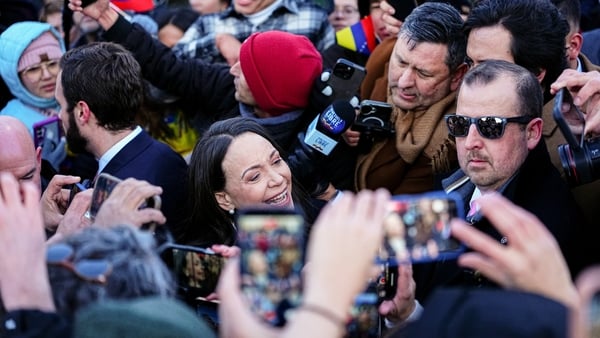 Maria Corina Machado, Venezuela's opposition leader, speaks to members of the media while departing the US Capitol in Washington, DC, US, on Thursday, Jan. 15, 2026. Machado's visit to the US Capitol comes less than two weeks after Nicolas Maduro was capt