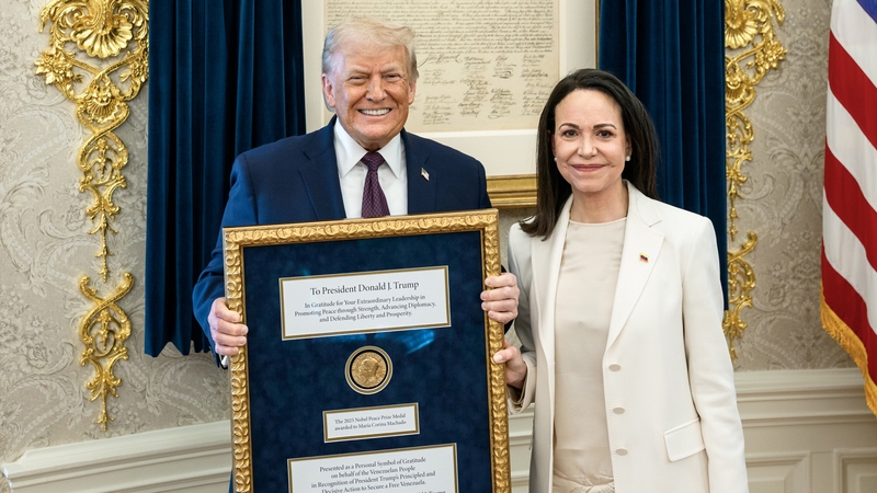 WASHINGTON, DC - JANUARY 15: (EDITOR'S NOTE: This Handout image was provided by a third-party organization and may not adhere to Getty Images' editorial policy.) President Donald Trump meets with Venezuelan opposition leader Maria Corina Machado in the Ov