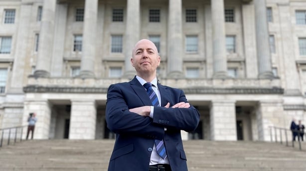 Ulster Unionist MLA Jon Burrows on steps of Parliament Buildings, Stormont 
