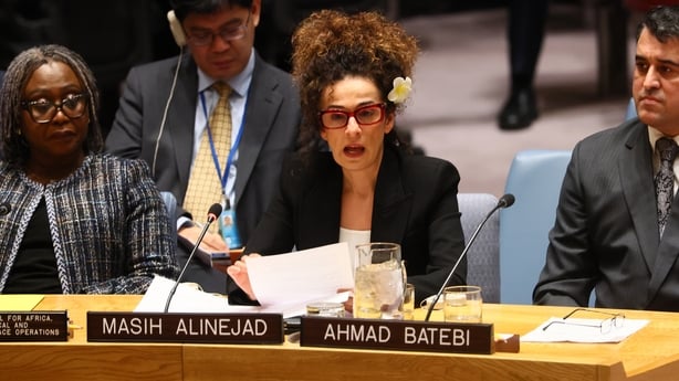 NEW YORK, NEW YORK - JANUARY 15: Masih Alinejad, journalist and political dissident, speaks during a United Nations Security Council meeting on the situation in Iran at the United Nations headquarters on January 15, 2026 in New York City. The Security Council held an emergency meeting that was reque