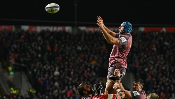 13 December 2025; Tadhg Beirne of Munster takes the ball in a lineout during the Investec Champions Cup match between Munster and Gloucester at SuperValu Páirc Ui Chaoimh in Cork. Photo by Brendan Moran/Sportsfile