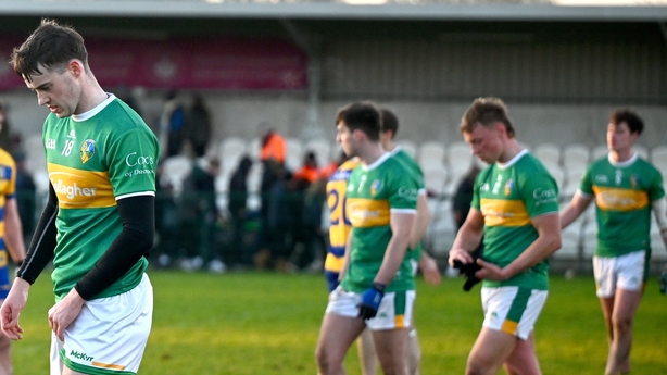 4 January 2026; Fergal McLoughlin of Leitrim, centre, and team-mates after their side's defeat in the FBD Connacht League Round 1 match between Roscommon and Leitrim at at the Connacht GAA Centre of Excellence in Bekan, Mayo. Photo by Shauna Clinton/Sportsfile