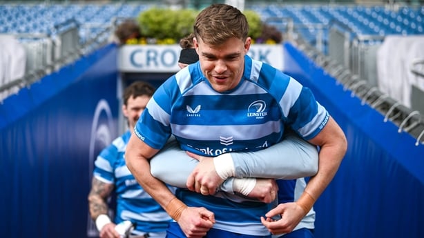 Garry Ringrose and RG Snyman, behind, before a Leinster Rugby captain's run at Croke Park in Dublin.
