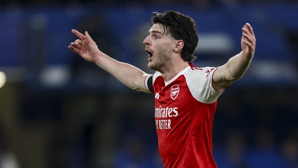 Declan Rice of Arsenal during the Carabao Cup Semi Final First Leg match between Chelsea and Arsenal at Stamford Bridge on January 14, 2026 in London, England.
