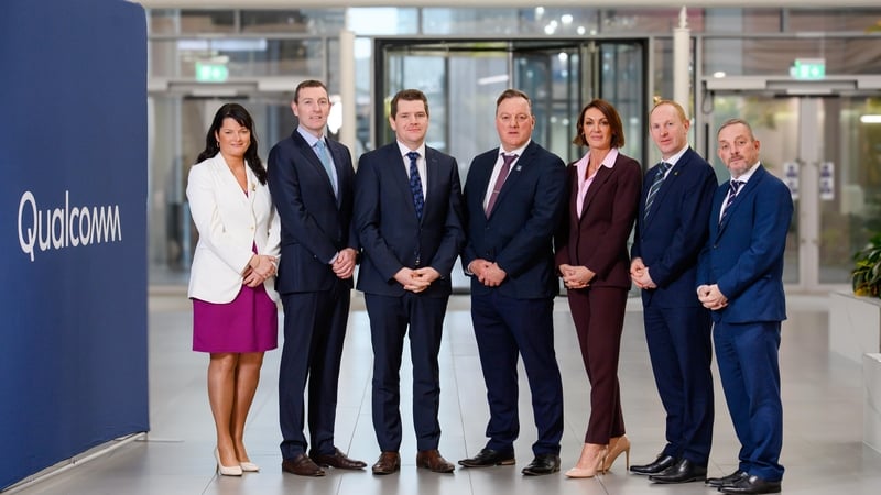 Anne-Marie Tierney Le-Roux, IDA; Qualcomm's Colin Ryan; Enterprise Minister Peter Burke; VP of Engineering at QT Technologies Ireland, Paul Kelleher; Jennifer Kenrick,of QT Technologies Ireland, Michael Lohan, CEO of IDA & Minister of State Jerry Buttimer
