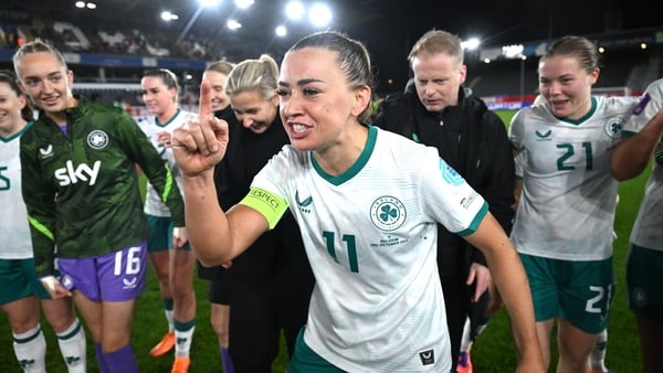 Katie McCabe of Republic of Ireland leads the huddle after the UEFA Women's Nations League A/B promotion/relegation play-off second leg match between Belgium and Republic of Ireland at The King Power At Den Dreef Stadium in Leuven, Belgium.