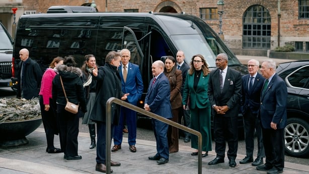 Politicians as part of the US congressional delegation arrive at the parliament building in Copenhagen, Denmark