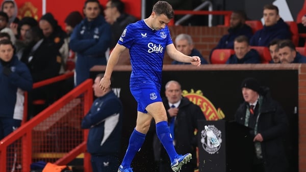 Seamus Coleman of Everton kicks a water bottle out of frustration after being substituted off early during the Premier League match between Manchester United and Everton at Old Trafford on November 24, 2025 in Manchester, England.
