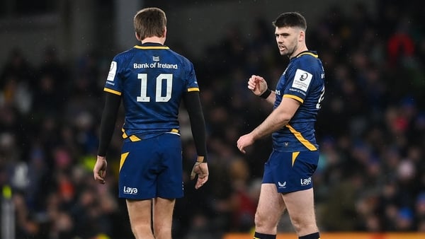 10 January 2026; Harry Byrne, right, and Sam Prendergast of Leinster during the Investec Champions Cup match between Leinster and La Rochelle at the Aviva Stadium in Dublin. Photo by David Fitzgerald/Sportsfile