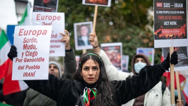 Protesters outside the Iranian embassy in Madrid demand an end to the violence and repression by the Islamic Republic regime during the protests across Iran. (Photo by David Canales/NurPhoto via Getty Images)