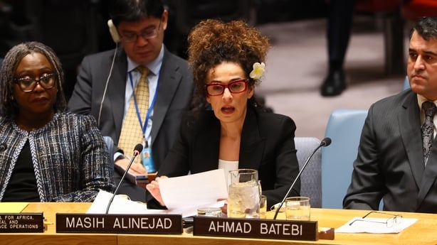 NEW YORK, NEW YORK - JANUARY 15: Masih Alinejad, journalist and political dissident, speaks during a United Nations Security Council meeting on the situation in Iran at the United Nations headquarters on January 15, 2026 in New York City. The Security Council held an emergency meeting that was reque