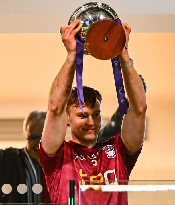 16 January 2026; Westmeath captain Ronan Wallace celebrates with the cup after his side's victory in the Dioralyte O'Byrne Cup final match between Kildare and Westmeath at Cedral St Conleth's Park in Newbridge, Kildare. Photo by Piaras Ó Mídheach/Sportsfile