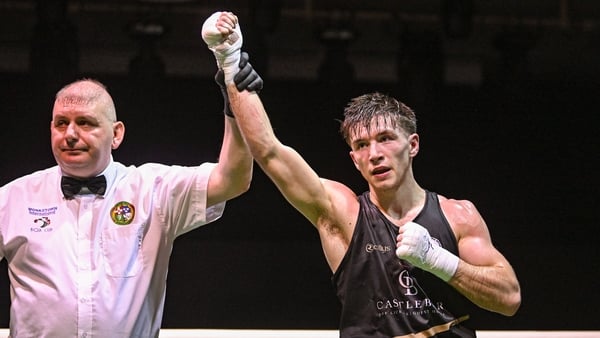 Jude Gallagher of Two Castles OBA, Tyrone, is declared victorious over Gavin Ryan of Ratoath GG, Meath, during their 60kg semi-final bout on day three of the 2026 National Elite Boxing Championships at the National Boxing Stadium in Dublin